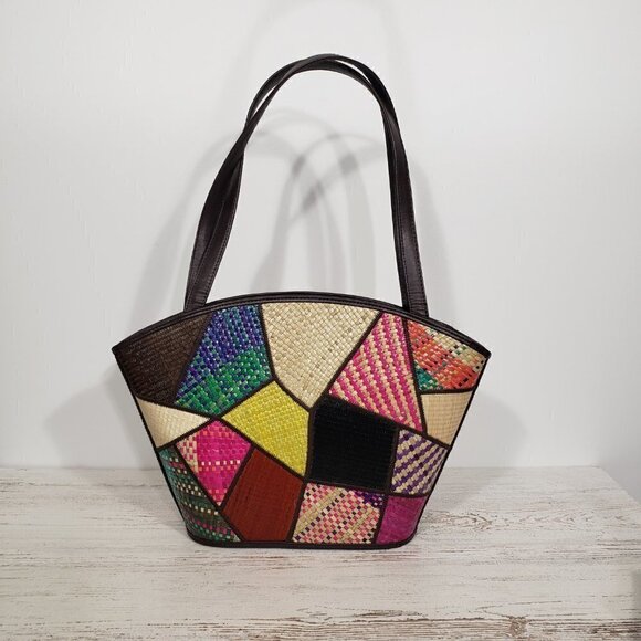 Le Sac Purse Buri Palm Natural Fiber Handbag Purse NWOT Colorful Patchwork - Picture 1 of 5